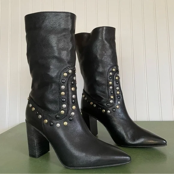 NWT Free People STUDDED DAKOTA Mid Calf Boots in Black Leather *Italy* - Picture 2 of 13